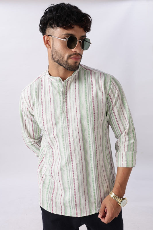 Ivory Green Dobby Stripe Short Kurta Uri