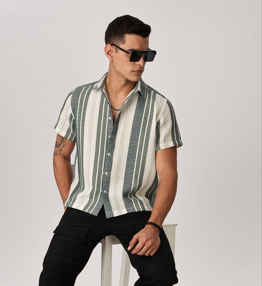 Uri Off White and Green Textured Stripe Shirt Uri