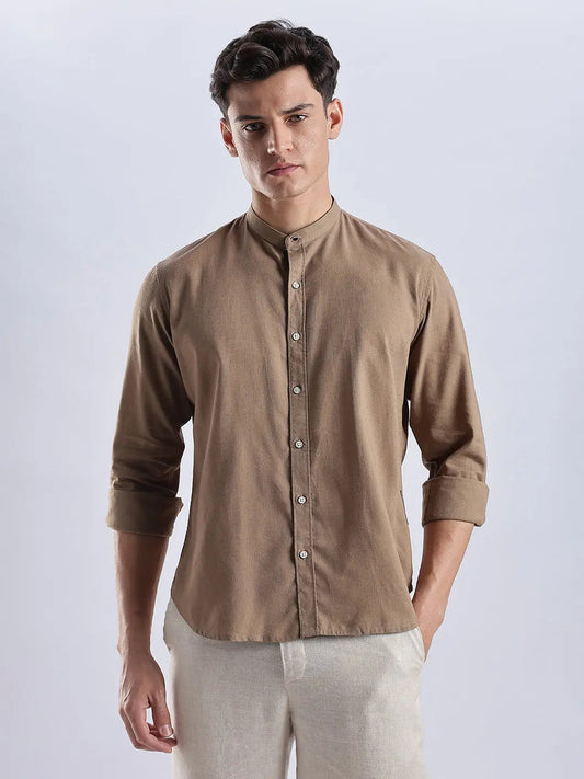 Men's Linen Mandarin Neck Mocha Dust Shirt Vellure