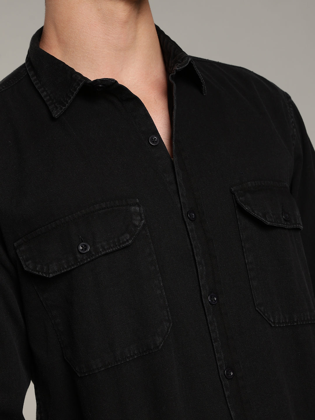 Double Flap Pocket Shirt- Relax/Baggy Fit - BLACK