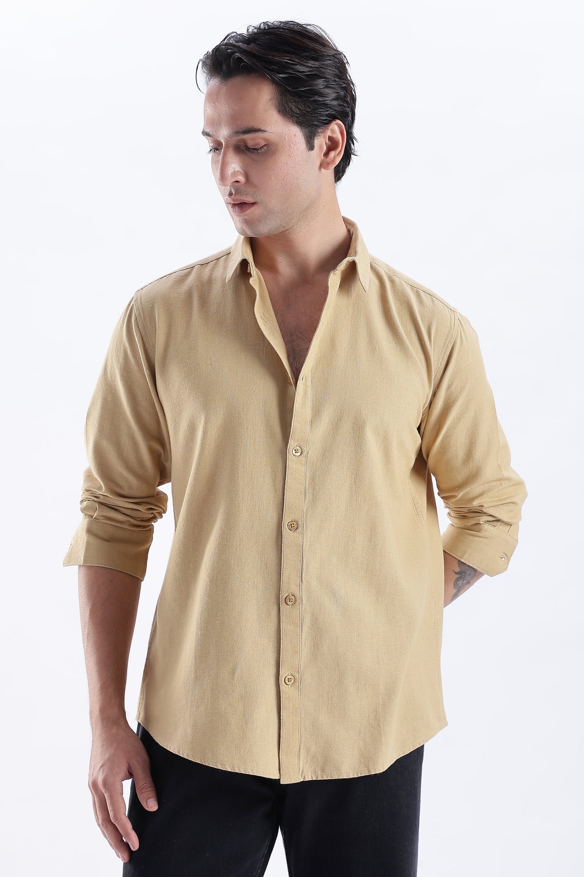 Uri Taupe Spread Collar Solid Shirt Uri