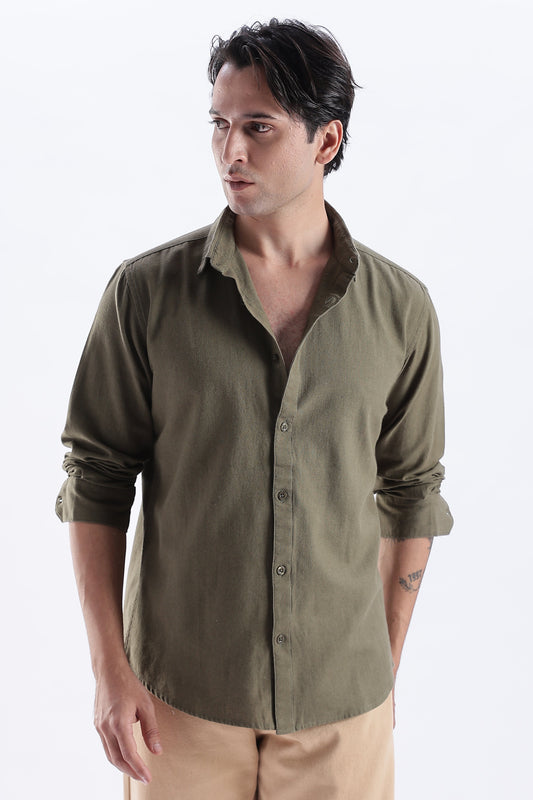 Uri Deep Olive Spread Collar Solid Shirt Uri