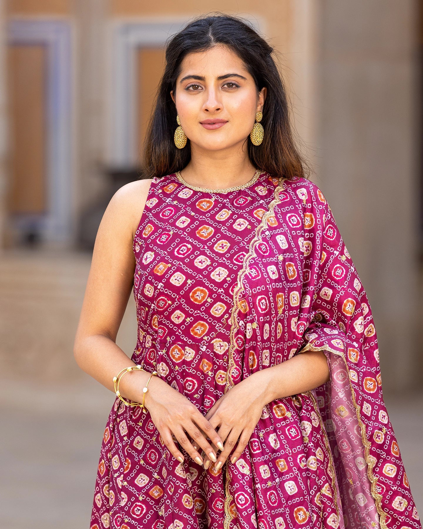 Maroon Bandhej Anarkali Suit Set