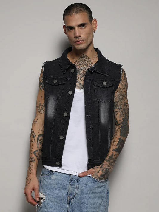 Dark-Wash Denim Jacket With Flap Pocket