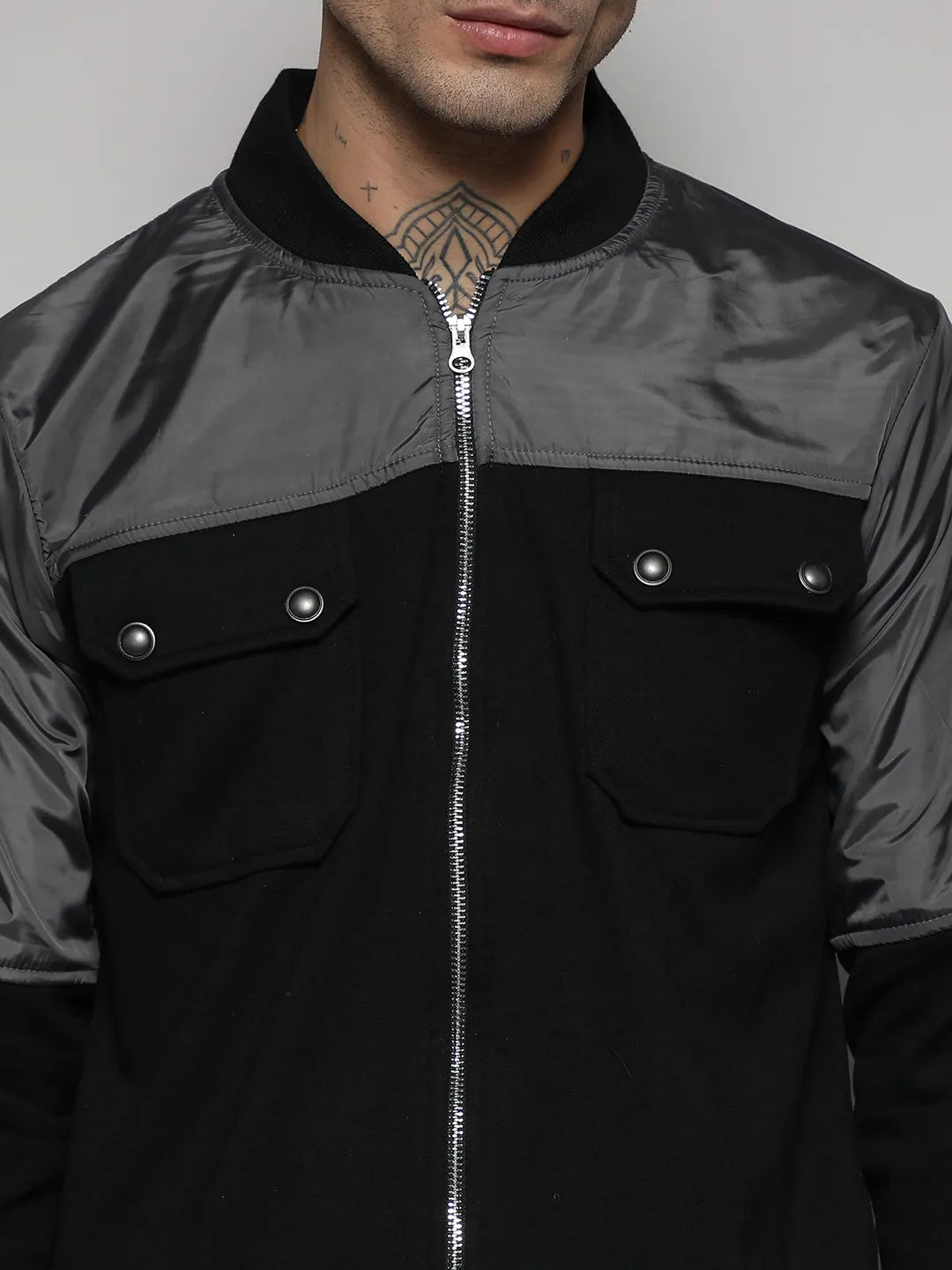 Black & Grey Zip-Front Jacket With Flap Pocket