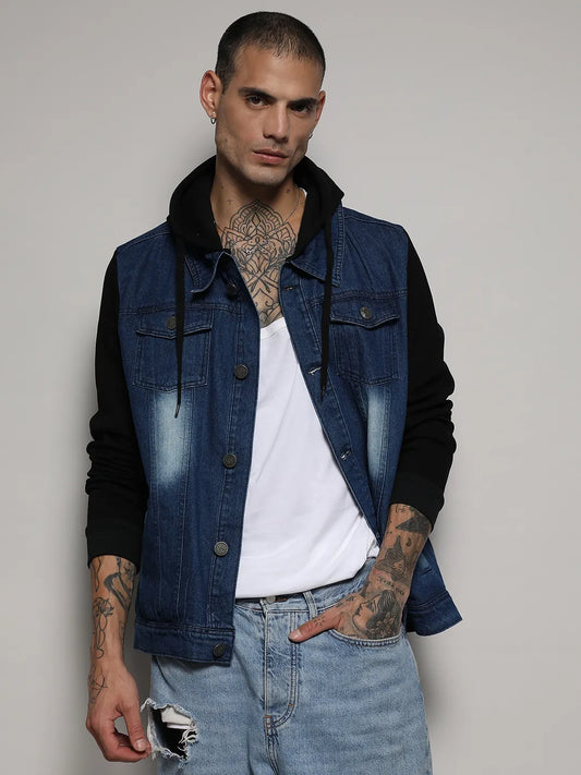 Light-Wash Denim Jacket With Sweatshirt Sleeve