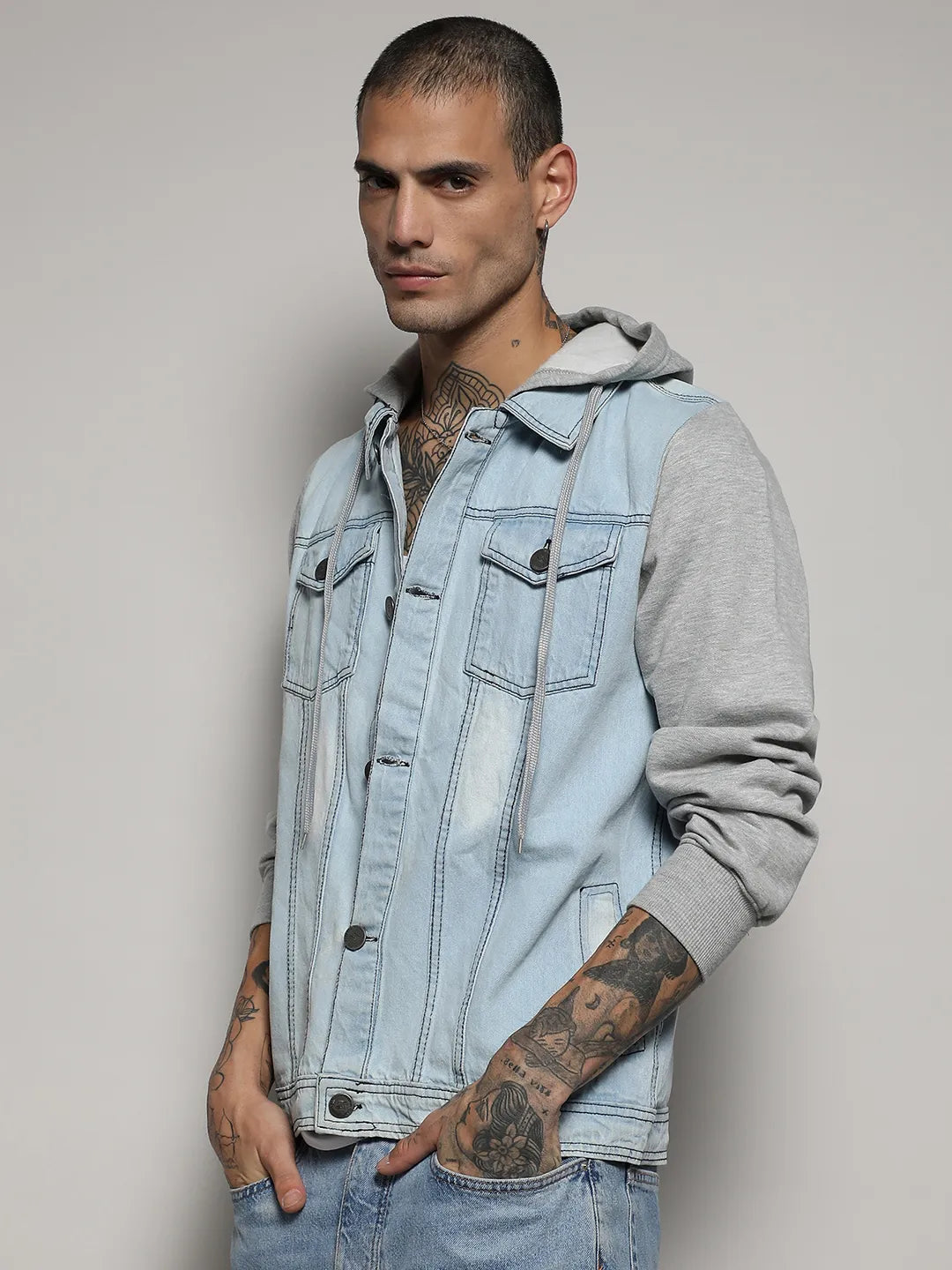 Light-Wash Denim Jacket With Sweatshirt Sleeve
