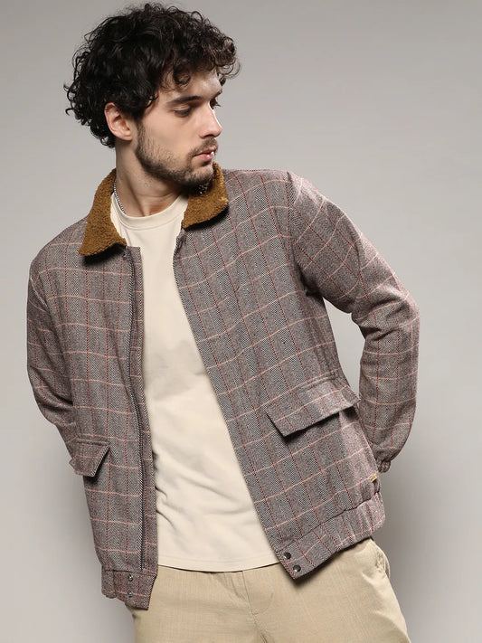 Tartan Plaid Jacket With Fleece Collar