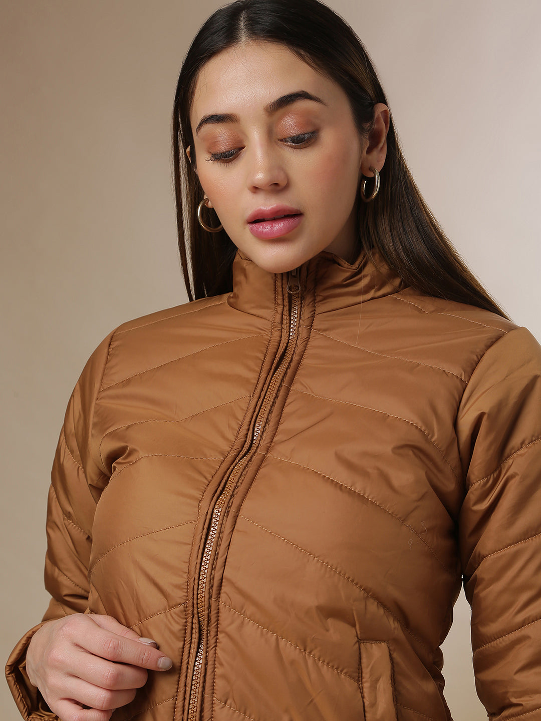 Quilted Puffer Jacket With Zip Closure