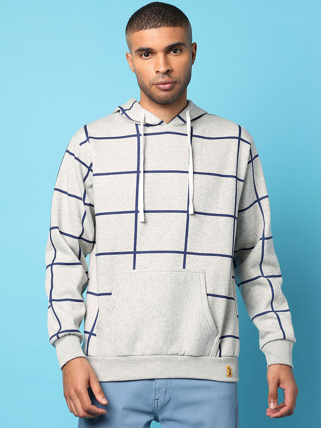 Contrast Graph Check Hoodie With Kangaroo Pocket