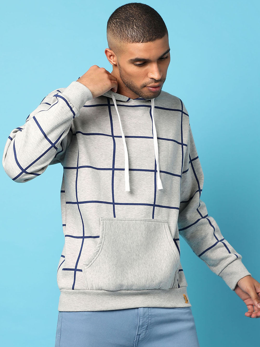 Contrast Graph Check Hoodie With Kangaroo Pocket