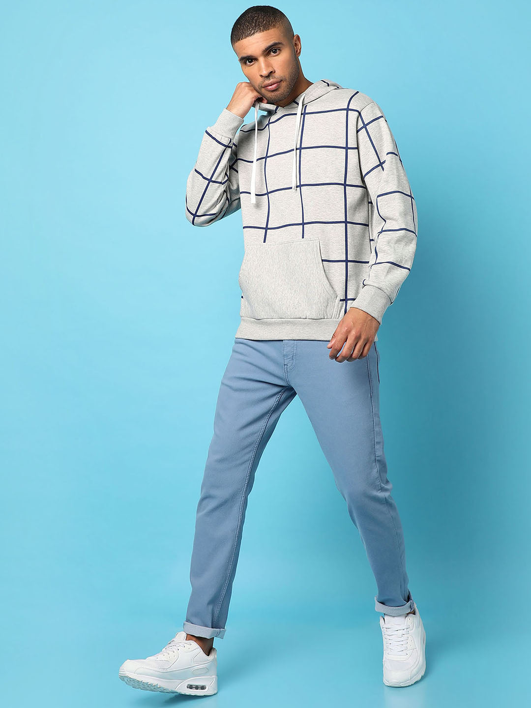 Contrast Graph Check Hoodie With Kangaroo Pocket