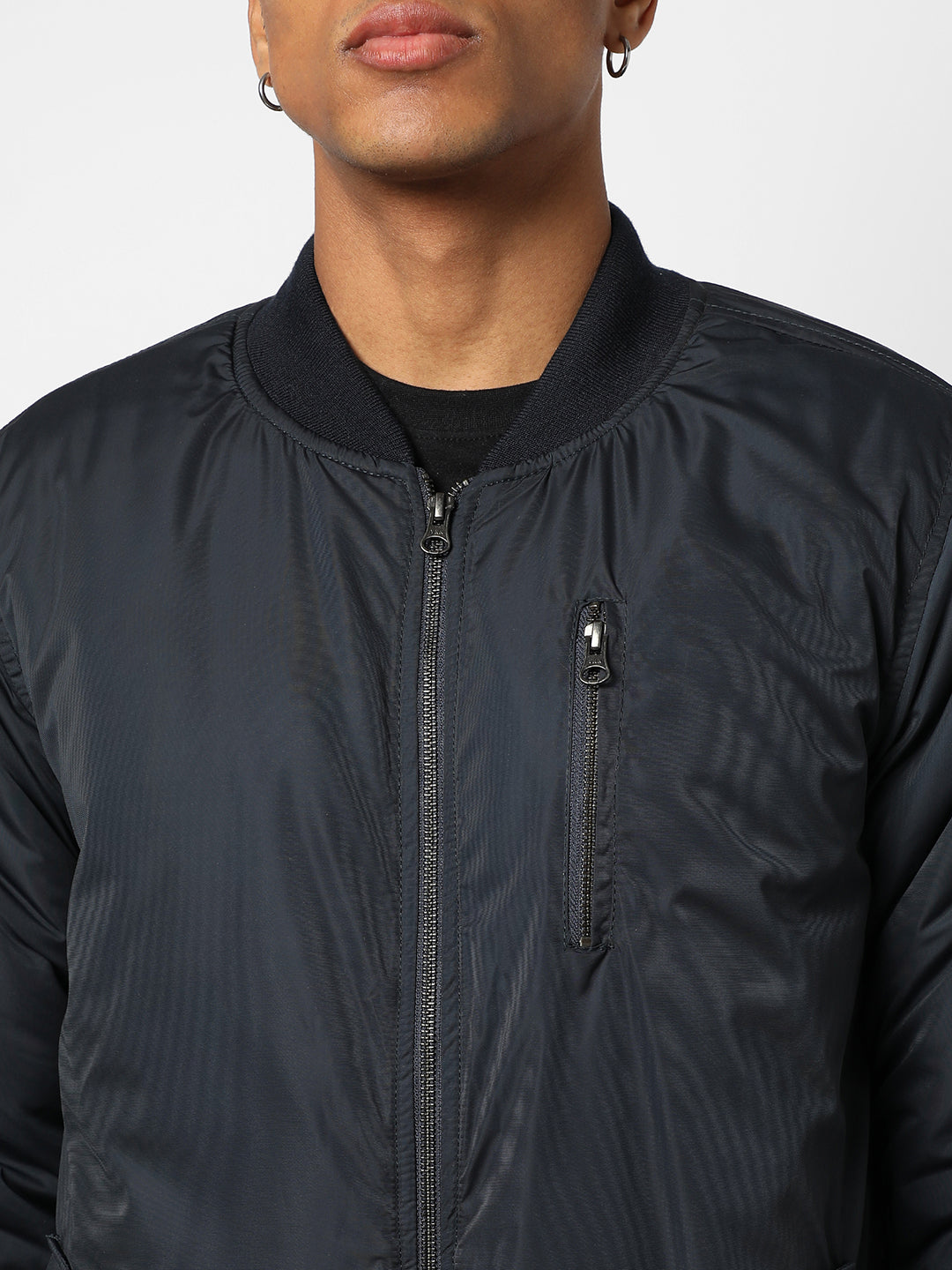 MEN'S SOLID NAVY BLUE LOW-CUT COLLAR ZIP THROUGH PUFFER BOMBER JACKET FOR CASUAL WEAR