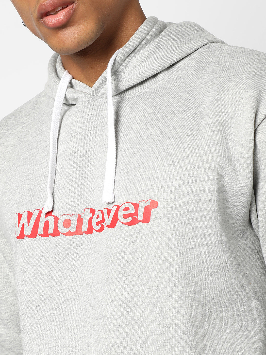 MEN’S SOLID LIGHT GREY WHATEVER PRINTED COTTON SWEATSHIRT WITH HOODIE REGULAR FIT