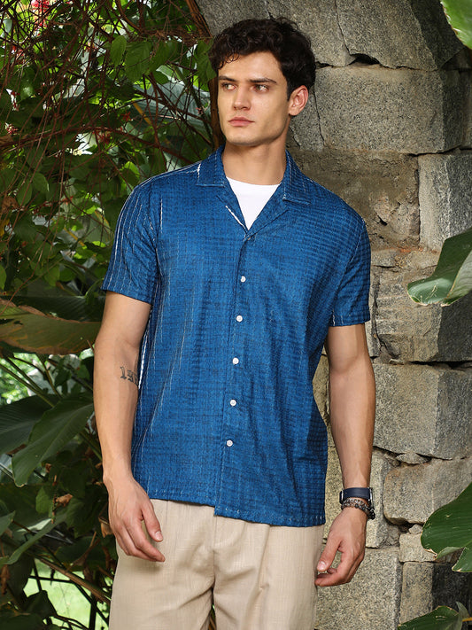 Electric Blue Dye-Textured Cuban Oversized Shirt