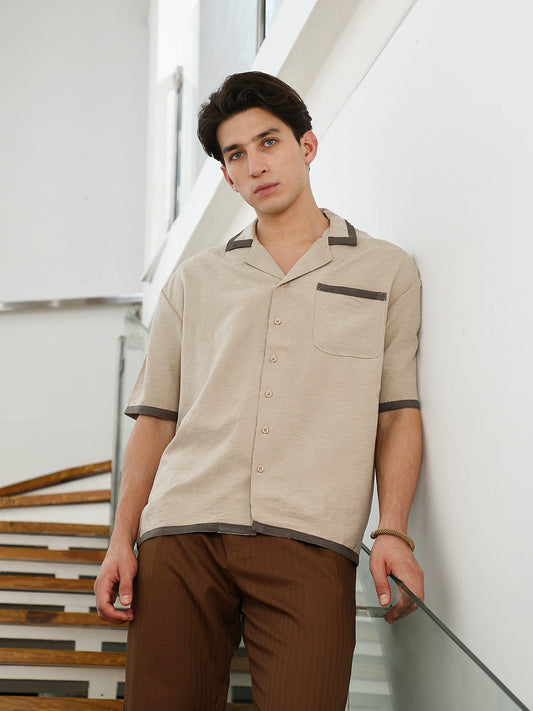Beige Cuban Collar Shirt with Dark Brown Accents
