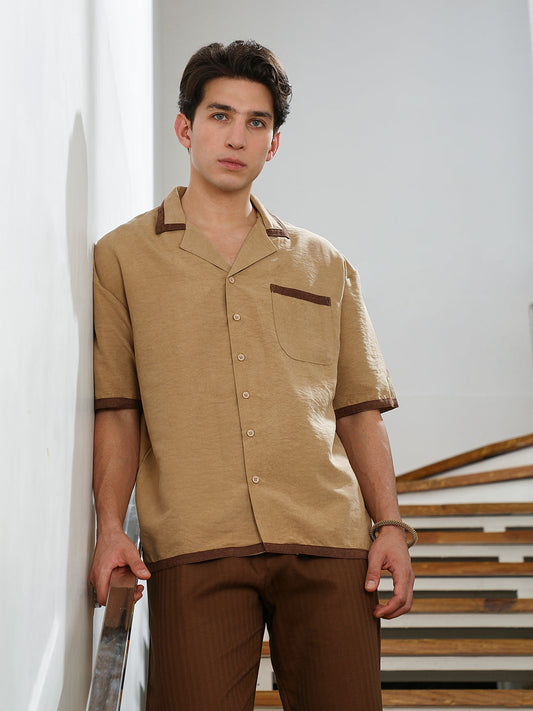 Beige Cuban Collar Short Sleeve Shirt