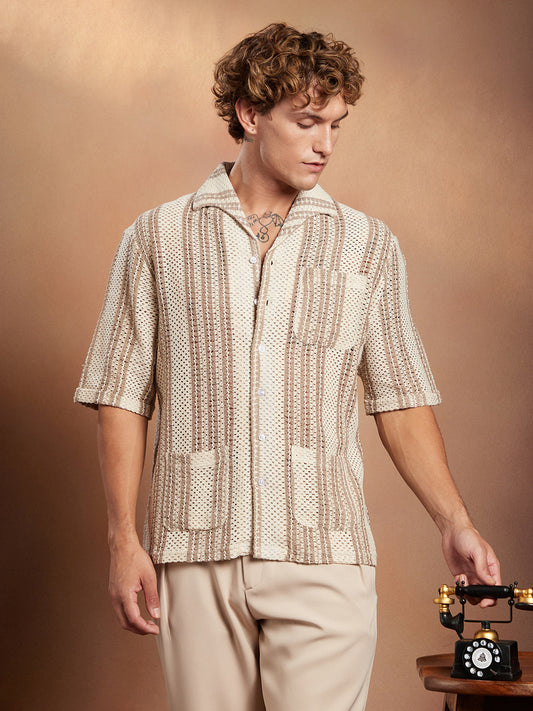 Striped Open-Knit Oversized Shirt