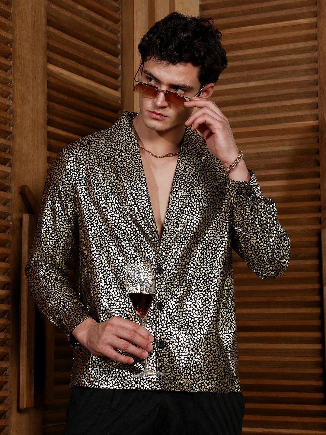 Onyx Black & California Gold Metallic-Speckles Shawl Collar Shirt