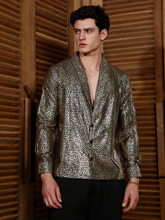 Onyx Black & California Gold Metallic-Speckles Shawl Collar Shirt