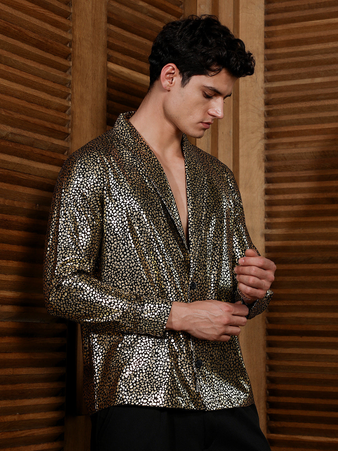 Onyx Black & California Gold Metallic-Speckles Shawl Collar Shirt