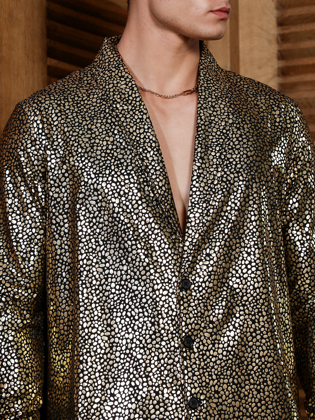 Onyx Black & California Gold Metallic-Speckles Shawl Collar Shirt