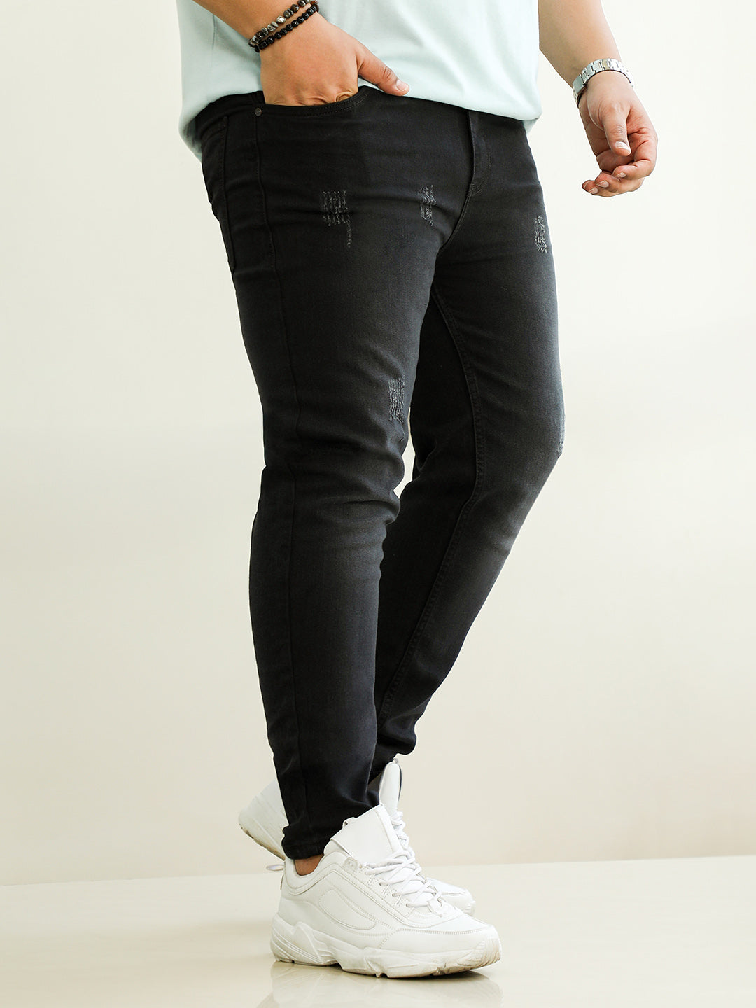 Dark-Wash Distressed Denim Jeans
