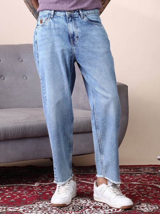 Unhemmed Light-Wash Denim Jeans