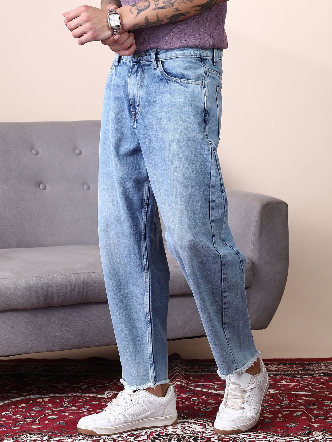 Unhemmed Light-Wash Denim Jeans