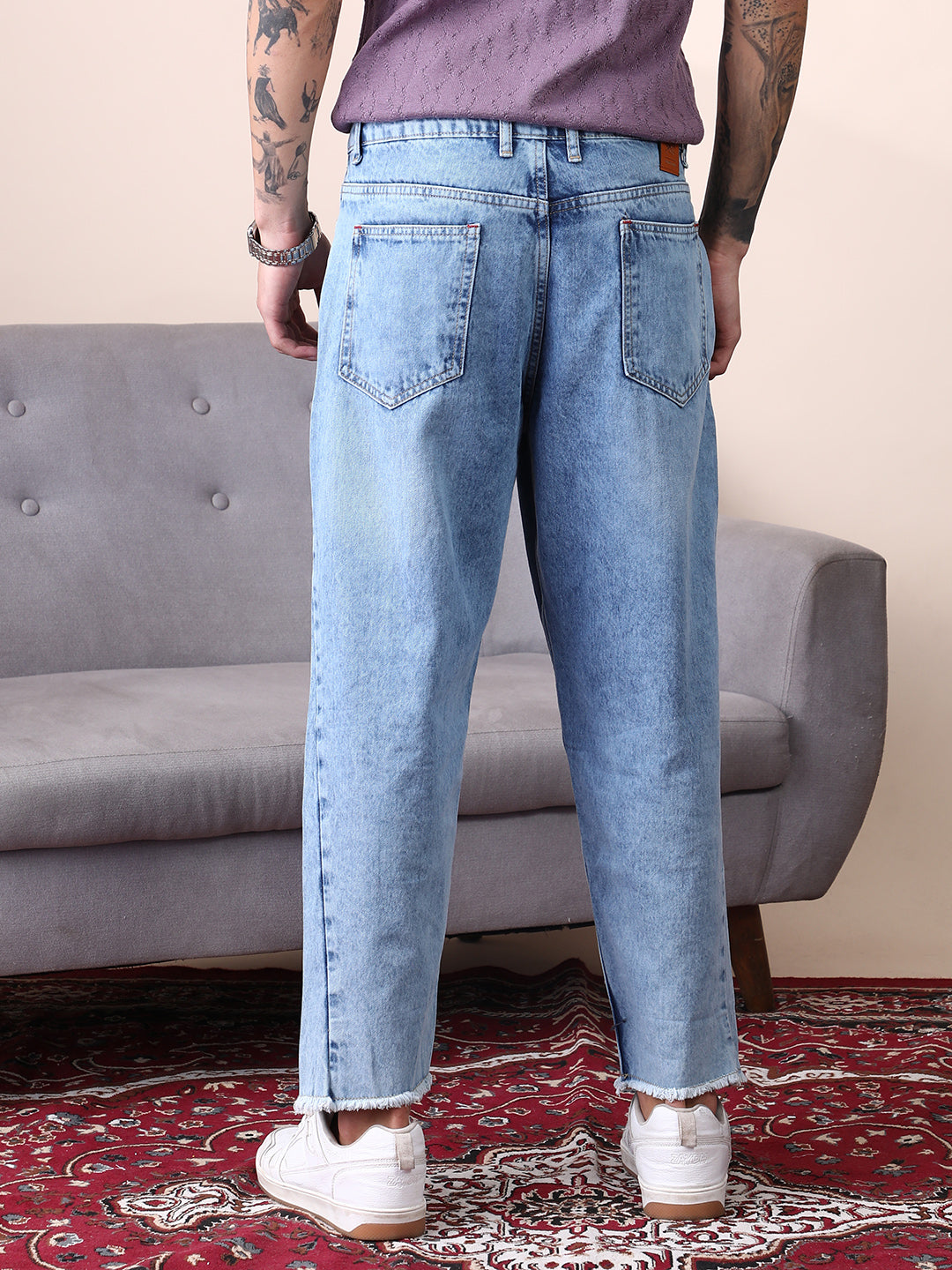 Unhemmed Light-Wash Denim Jeans