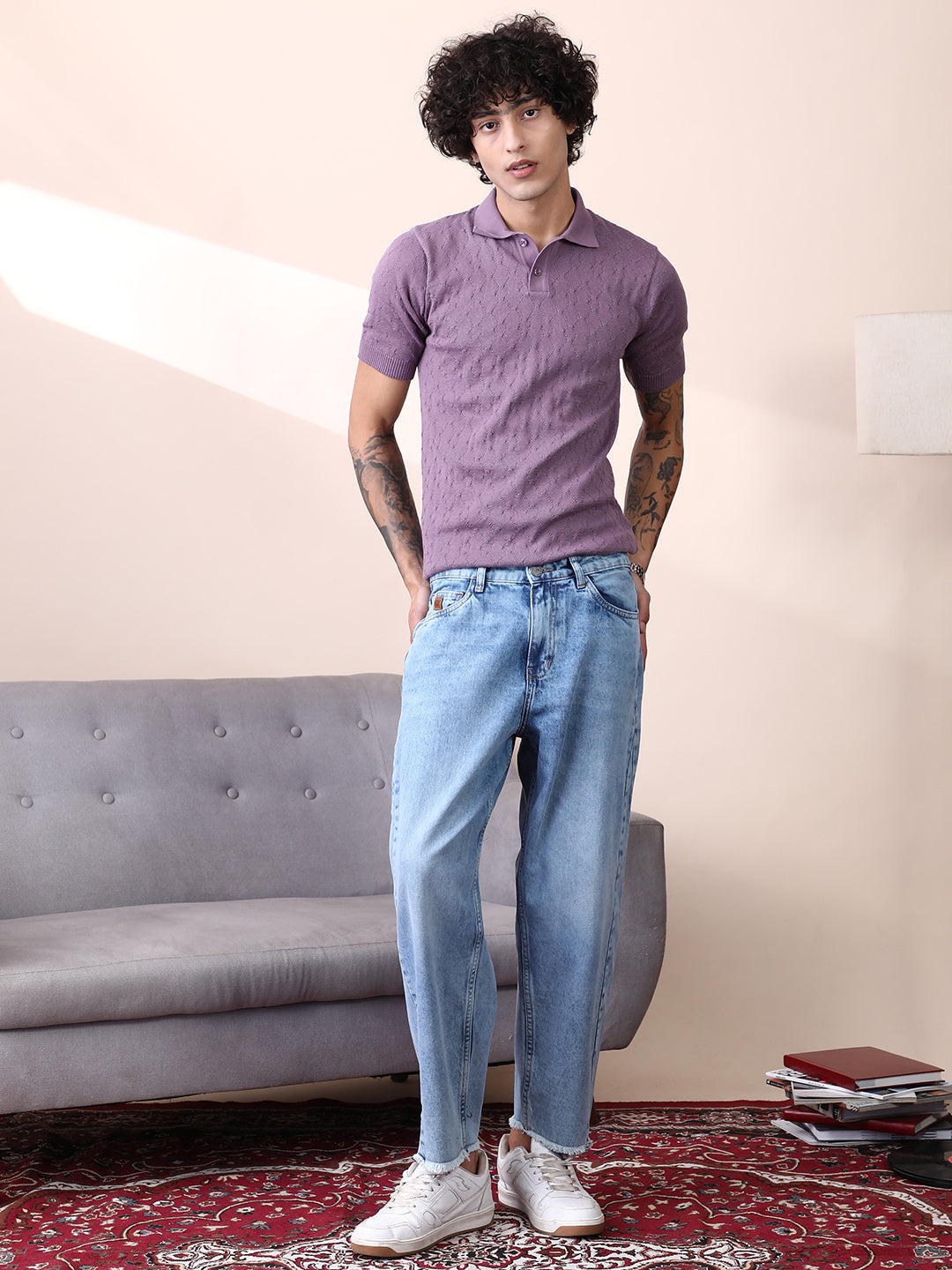 Unhemmed Light-Wash Denim Jeans