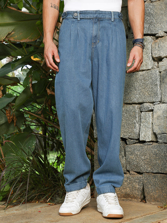 Indigo Blue Mid-Wash Pleated Denim Jeans
