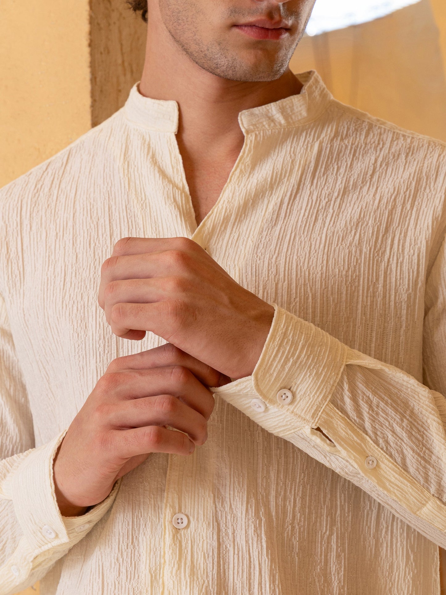 Crinkle Textured Mandarin Collar Regular Fit Shirt