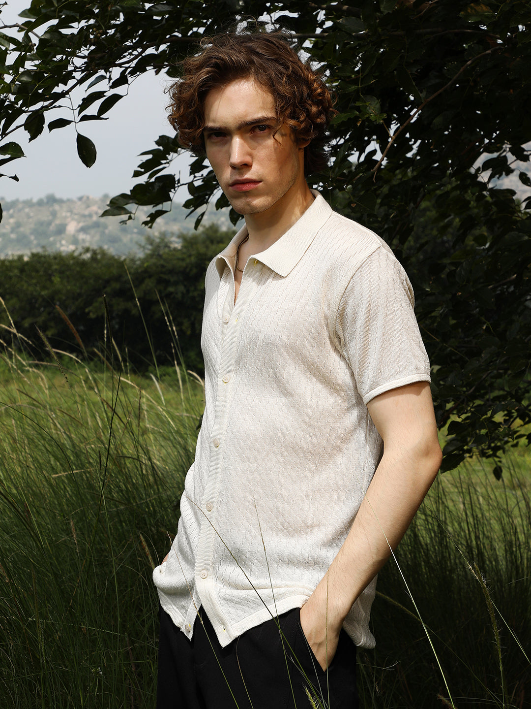 Rhombus-Textured Knit Shirt