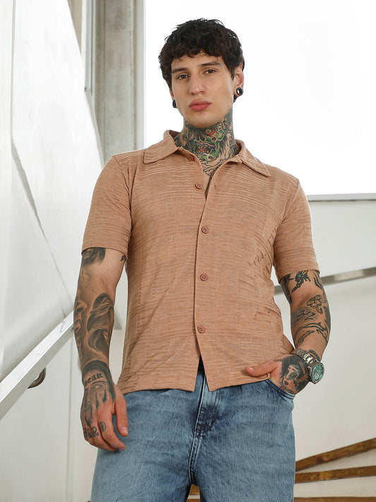Mens Light Brown Textured Button-Down Shirt