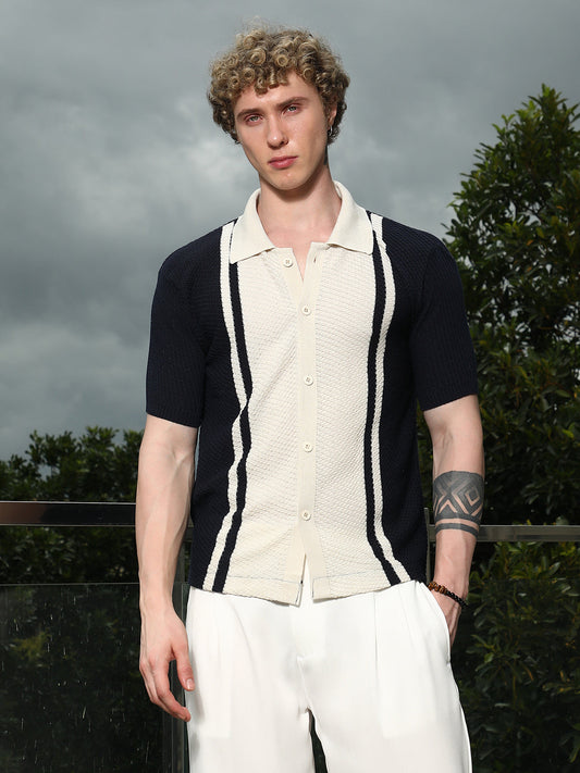Navy And Cream Textured Knit Polo Shirt