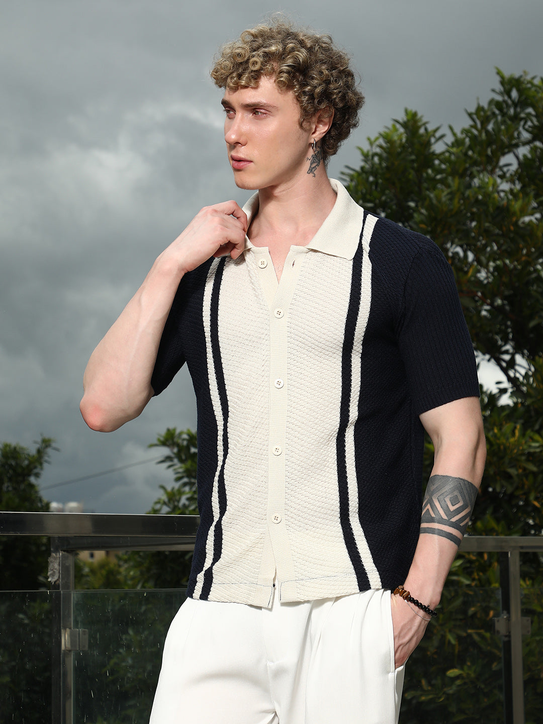 Navy And Cream Textured Knit Polo Shirt