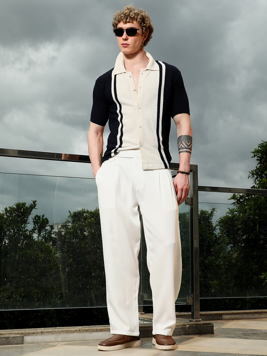 Navy And Cream Textured Knit Polo Shirt