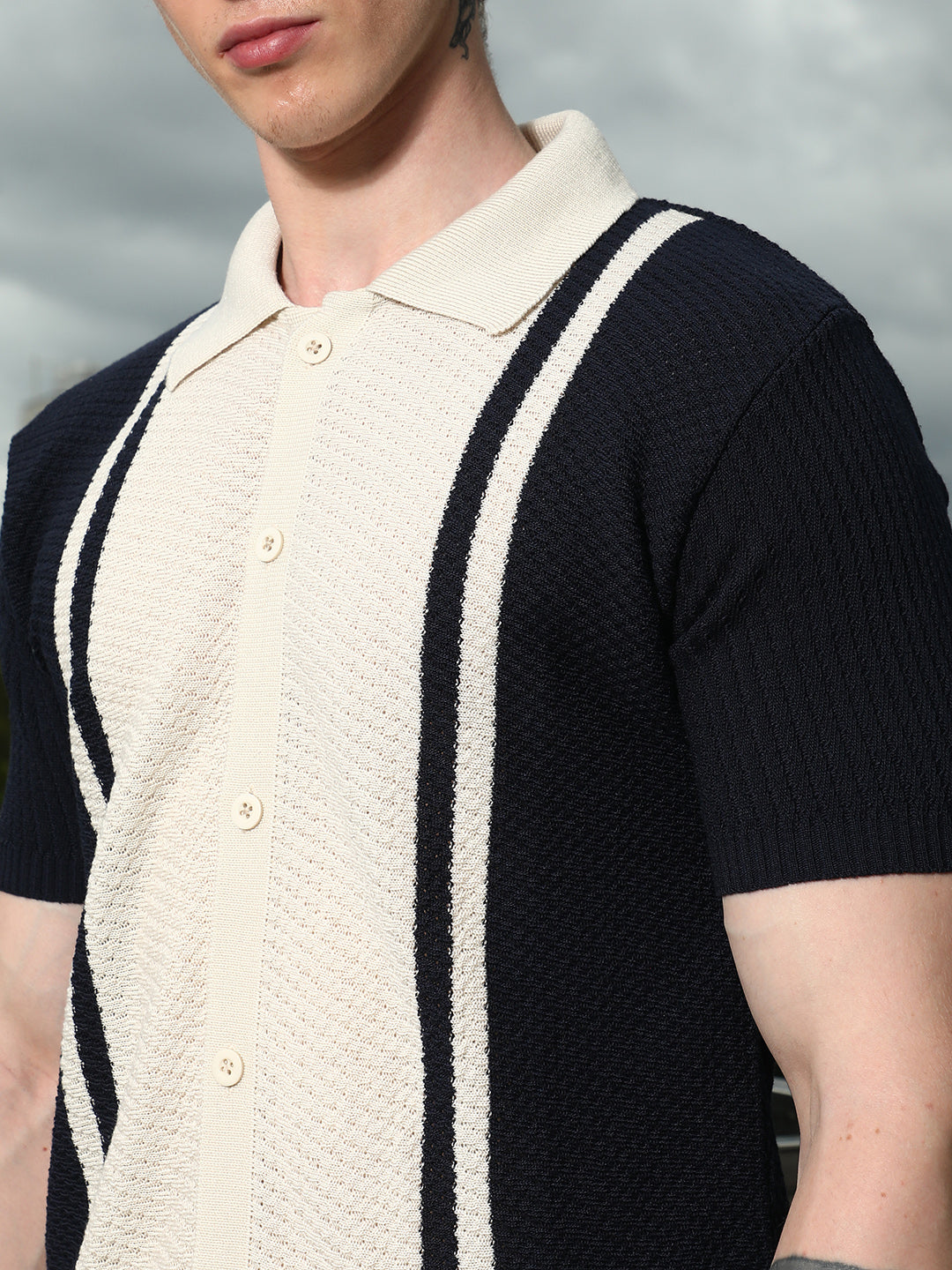 Navy And Cream Textured Knit Polo Shirt