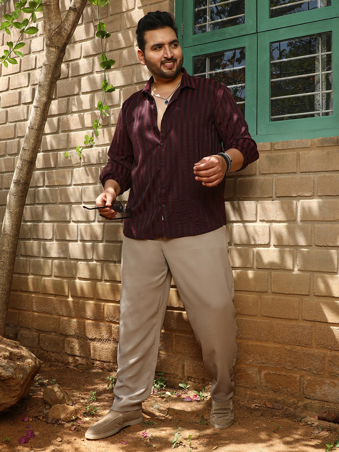 Men's Wine Red Candy-Striped Shirt