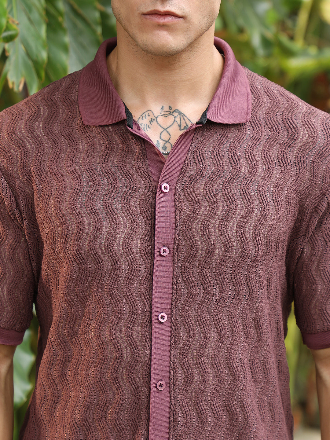 Burgundy Textured Cuban Collar Shirt