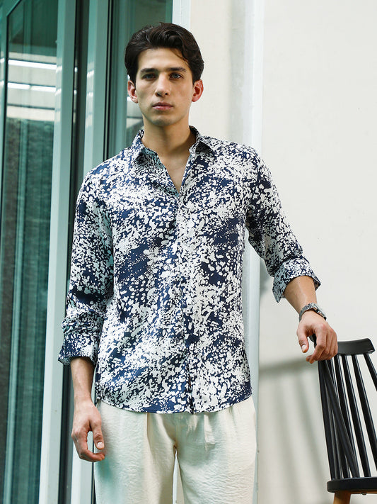 Navy Blue and White Abstract Pattern Rayon Shirt
