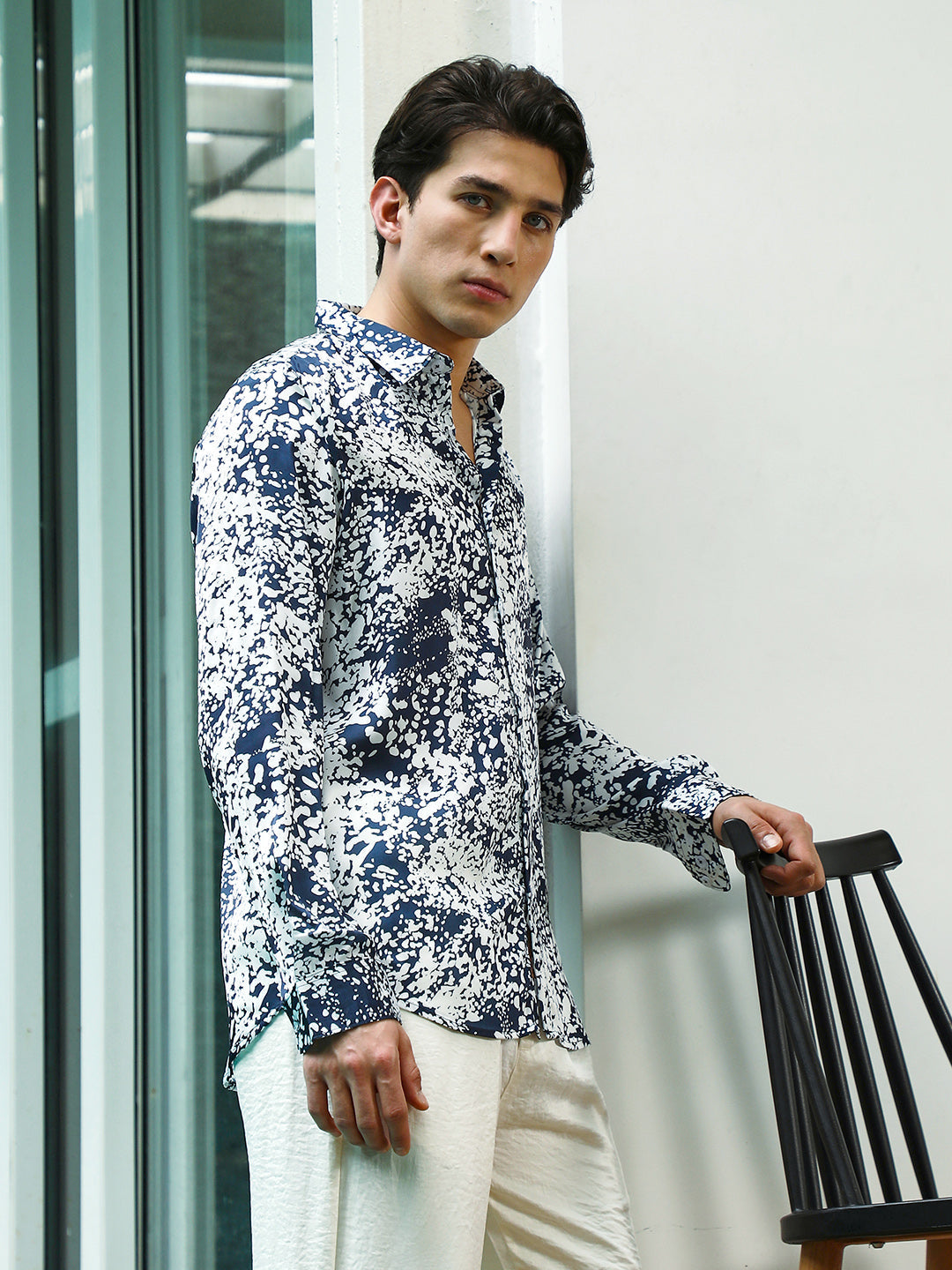 Navy Blue and White Abstract Pattern Rayon Shirt