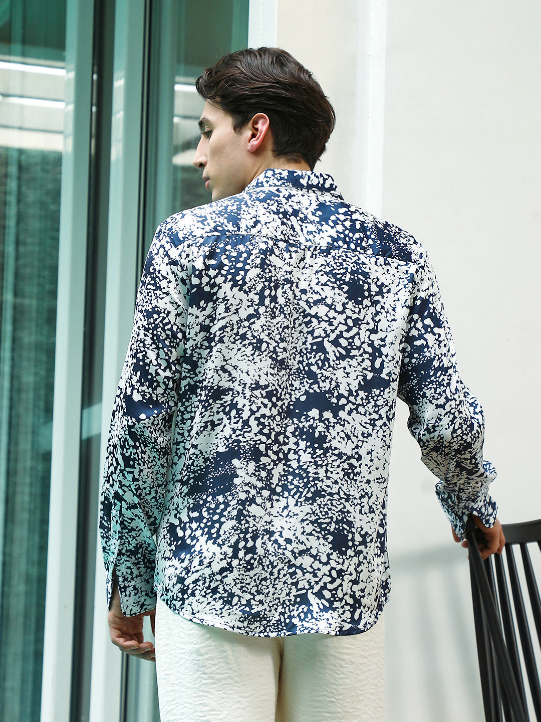 Navy Blue and White Abstract Pattern Rayon Shirt