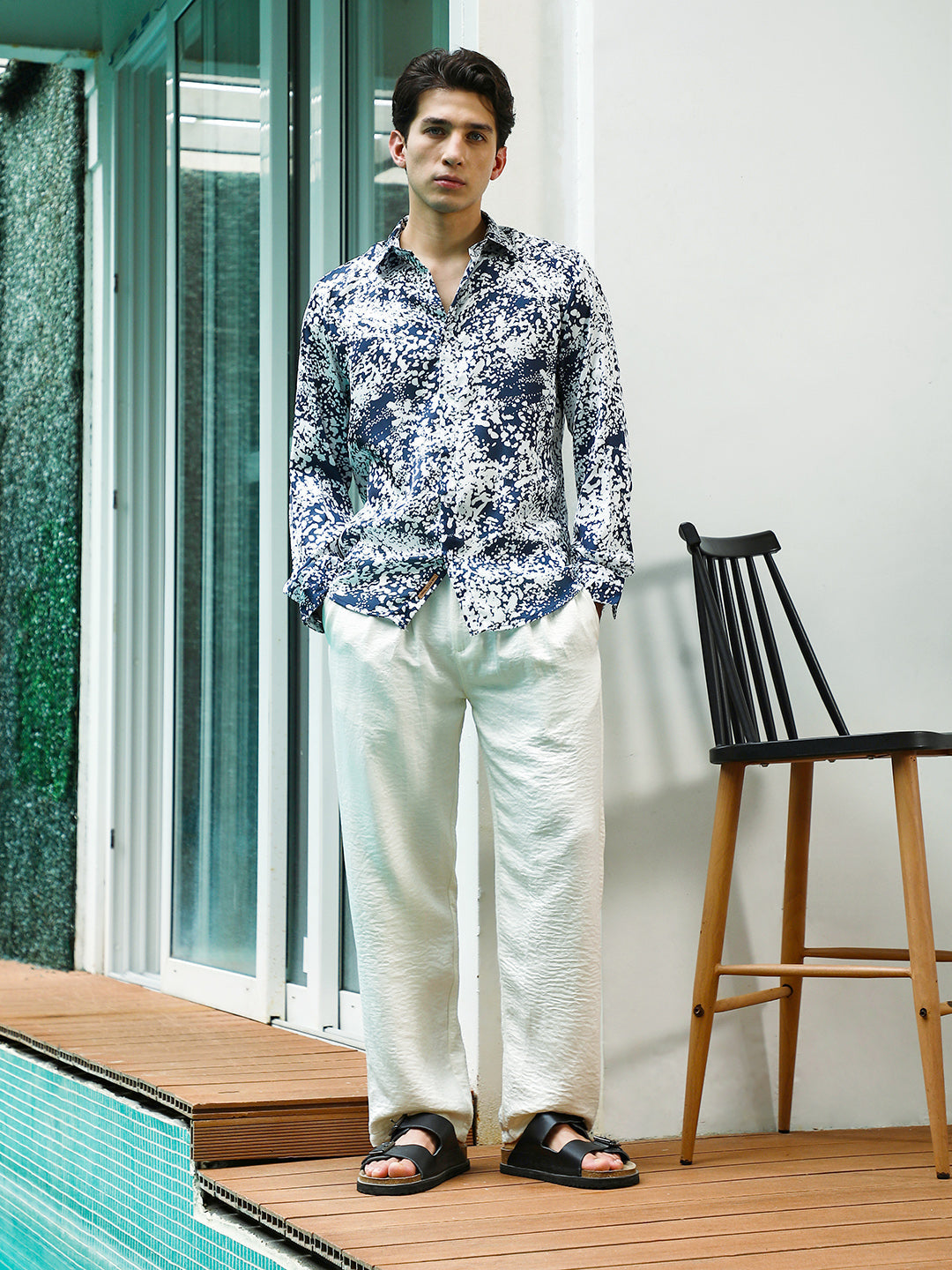 Navy Blue and White Abstract Pattern Rayon Shirt