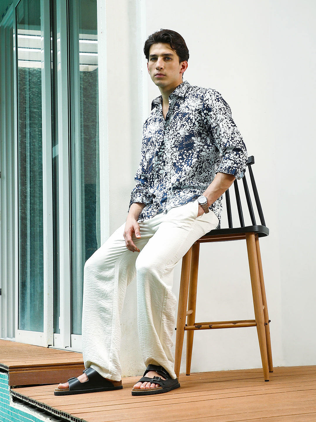Navy Blue and White Abstract Pattern Rayon Shirt