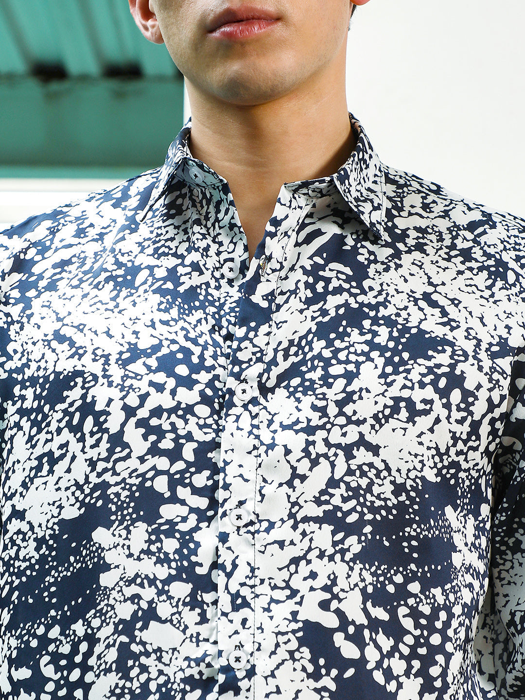 Navy Blue and White Abstract Pattern Rayon Shirt