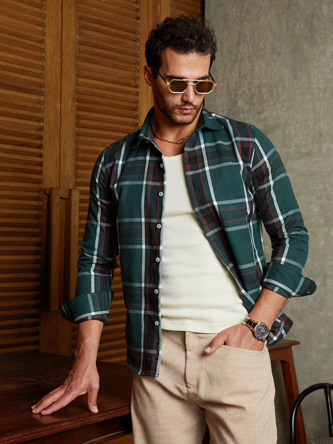 Ribbed-Plaid Relaxed Shirt
