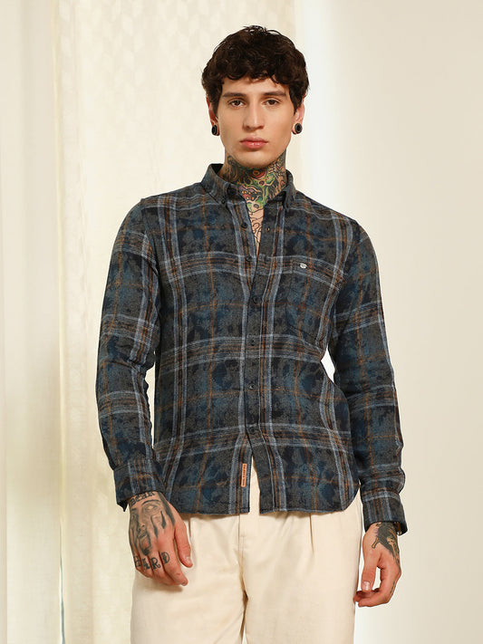 Blue Plaid Cotton Blend Slim Fit Shirt