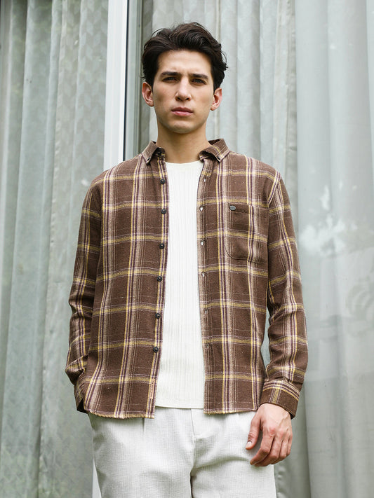 Brown Plaid Cotton Blend Full Sleeve Shirt